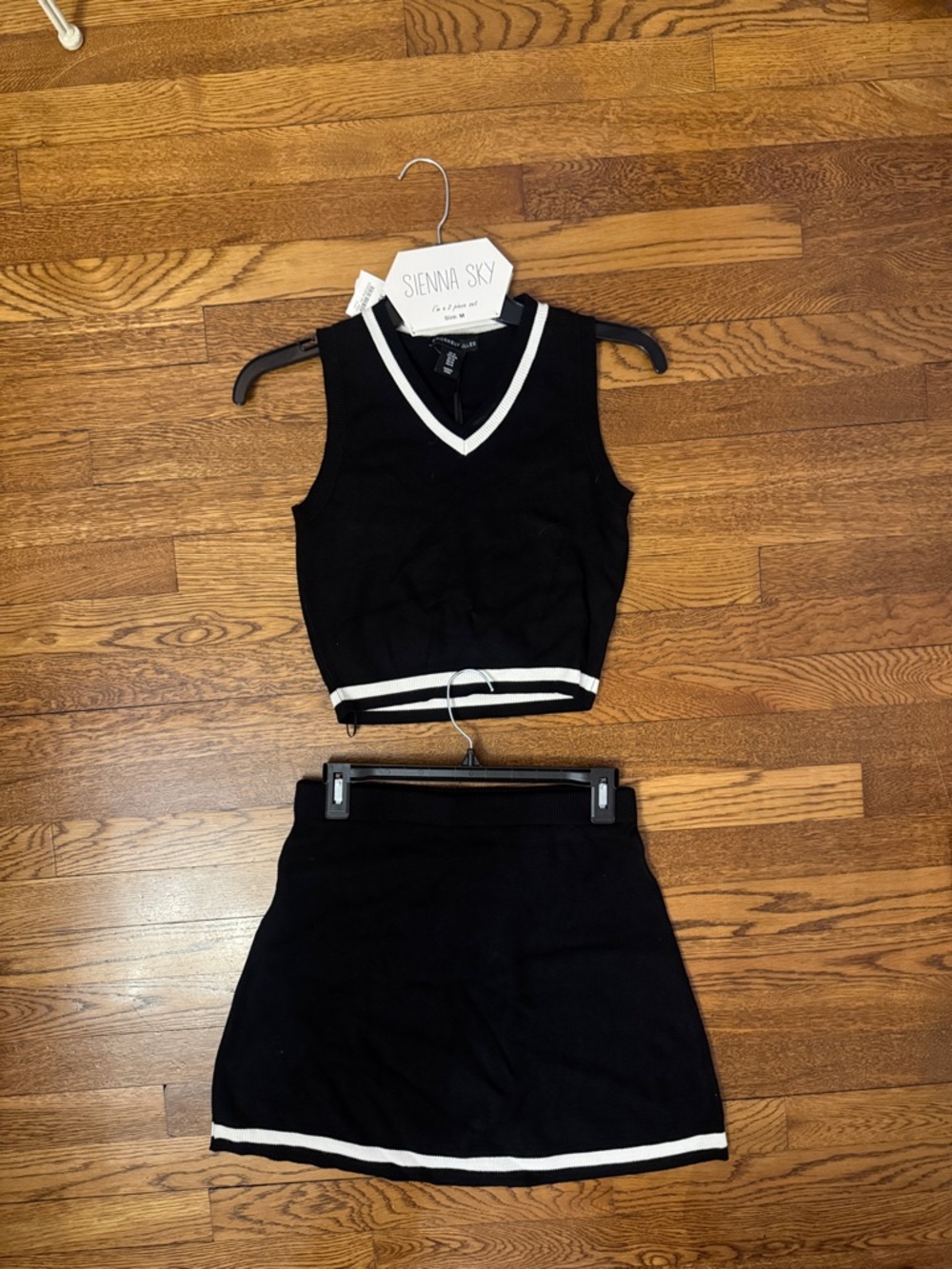 Sienna Sky Black Knit V-Neck Crop Top and Matching Skirt with White Trim